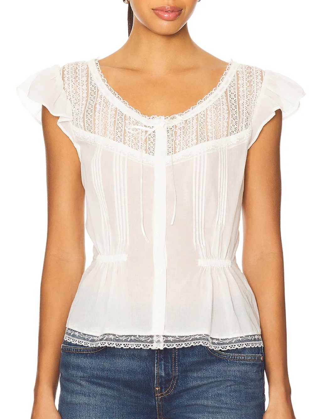 Tularosa White Lace Yoke Tie-Front Flutter Sleeve Blouse